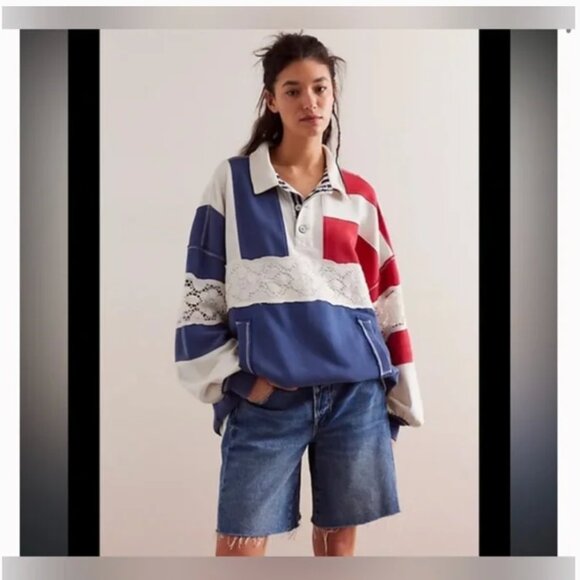 Free People We The Free American Dream Polo Sweatshirt Red Blue Cotton size L - Picture 1 of 11